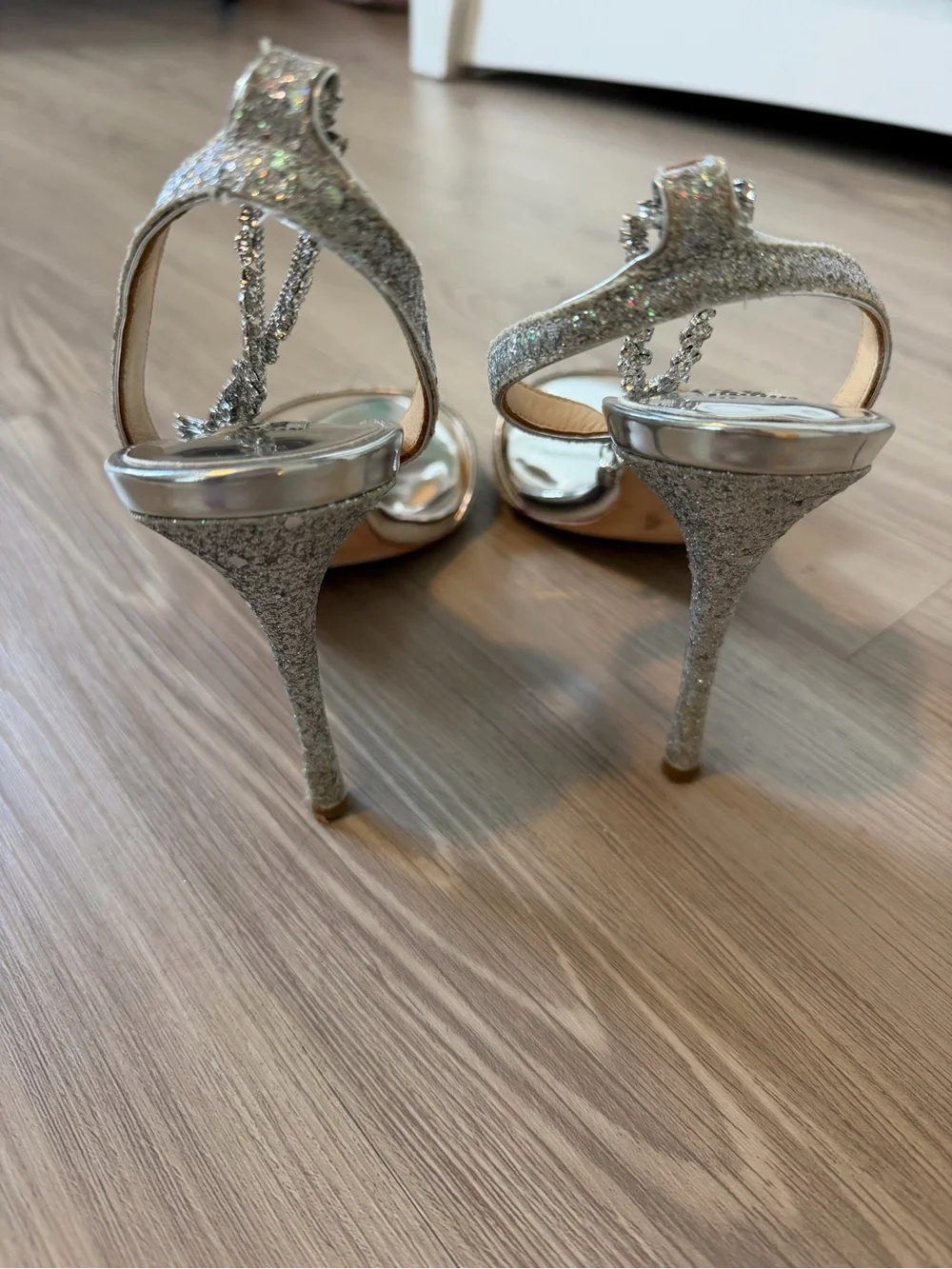 Badgley Mischka Silver Glitter Crystal-Embellished Slingback Heels